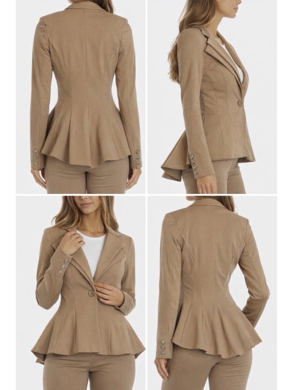 Noir Camel Double Notch Lapel Peplum Blazer Jacket Stretch Women's XS NEW